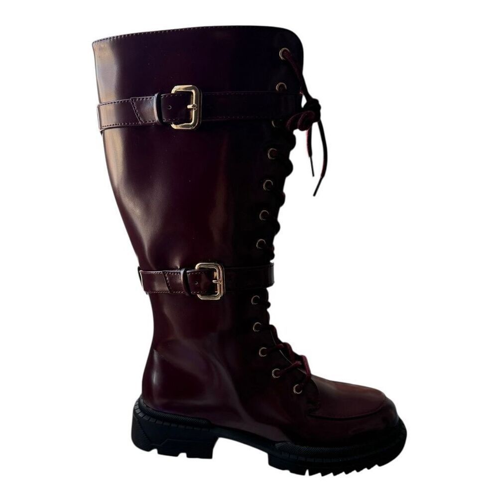 Shoe dazzle Gabrela Oxblood Tall Lace-Up Combat Boots Buckle Lug Sole Size 7.5 N